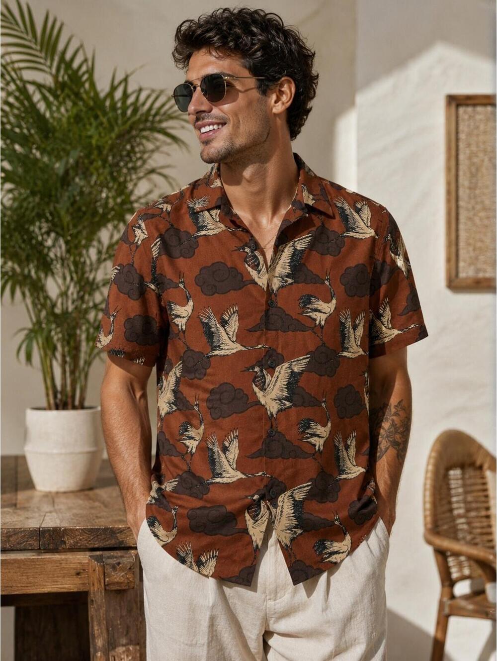 Express Men’s Crane Print Camp Shirt Medium Brown Rayon Hawaiian Button Up M